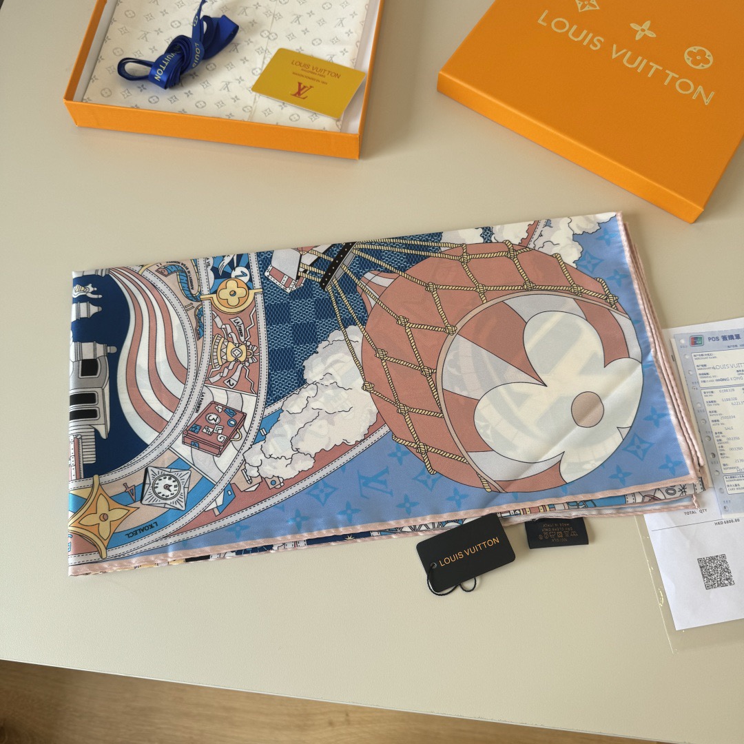 LV Designer Scarf Silk Journey Handkerchief Depicts A Colorful Global Journey On A Mulberry Silk Canvas, With Intricate Prints Integrated Into Luggage Hot Air Balloons Trains Ships Airplanes Achieving Another Classic Design Scarf With Box