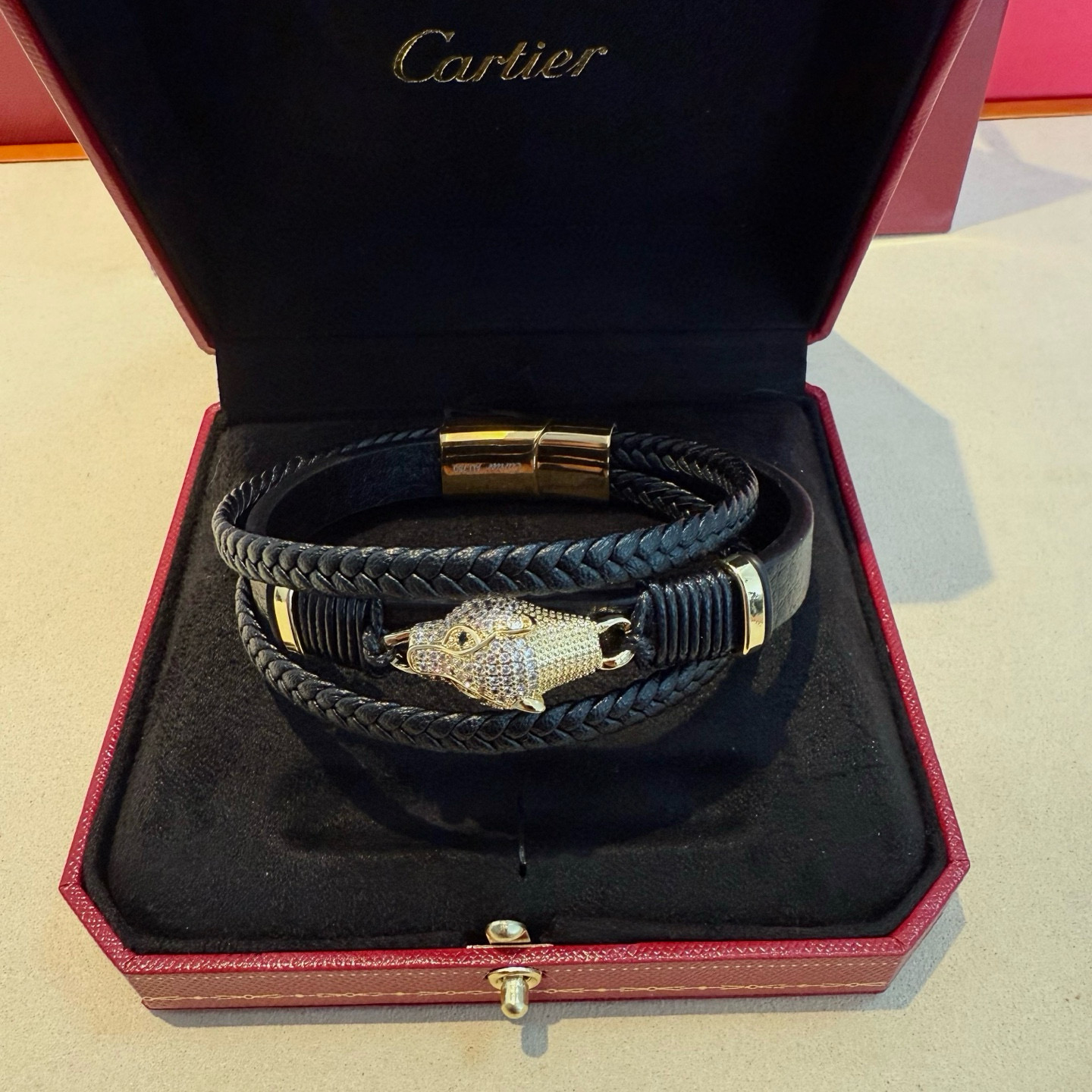 Cartier Designer Leopard Head Diamond studded Leather Rope Bracelet High Quality Bracelet Fashionable Luxury Jewelry For Women's Men Classic Luxury Wedding Party Accessories Valentines Day Christmas Birthday Gift