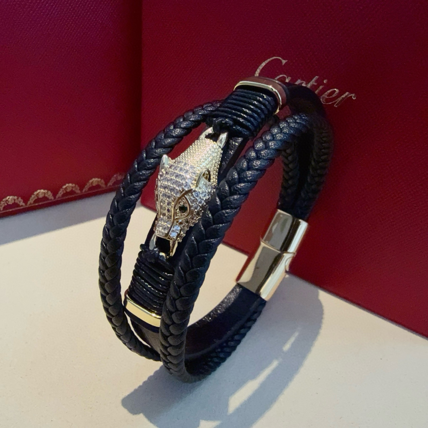 Cartier Designer Leopard Head Diamond studded Leather Rope Bracelet High Quality Bracelet Fashionable Luxury Jewelry For Women's Men Classic Luxury Wedding Party Accessories Valentines Day Christmas Birthday Gift