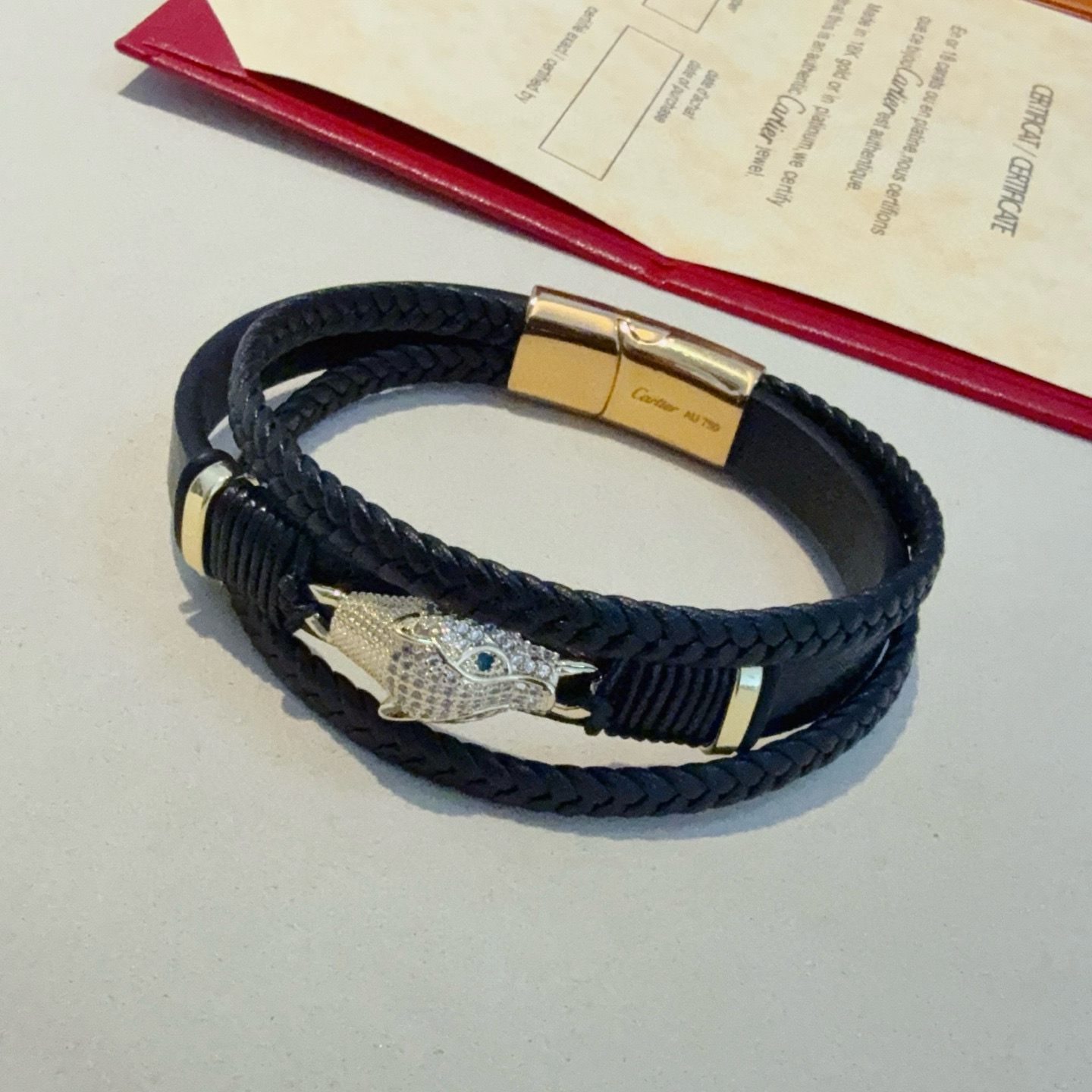 Cartier Designer Leopard Head Diamond studded Leather Rope Bracelet High Quality Bracelet Fashionable Luxury Jewelry For Women's Men Classic Luxury Wedding Party Accessories Valentines Day Christmas Birthday Gift