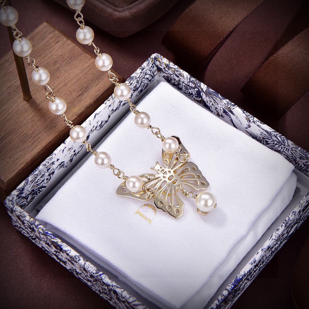 Dior Luxury Pearl Necklace Pearl Elegant Necklaces Designer Necklace Women Top Quality Butterfly Pendant Fashion Jewellery Designer For Women Gifts For Her Valentines Day Christmas Birthday Gift