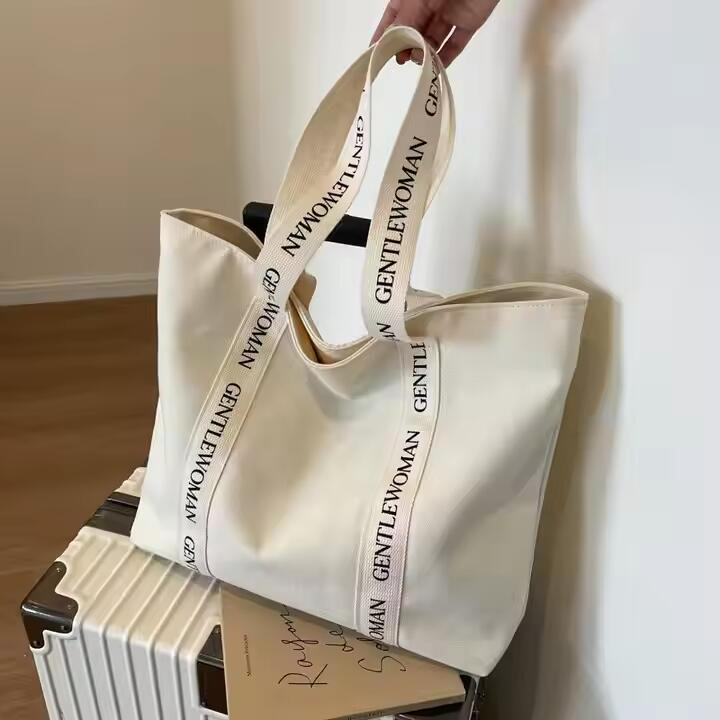Casual Style School Handbag Simple Canvas Tote Bag With Custom Logo Waterproof Letter Strap Shoulder Bag For Going Out