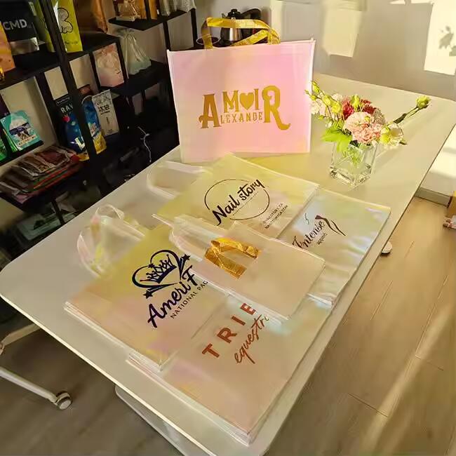 Custom Logo Reusable Pink Holographic Metallic Shiny Laminated Non Woven Iridescent Gift Tote Non-Woven Shopping Bag With Logo