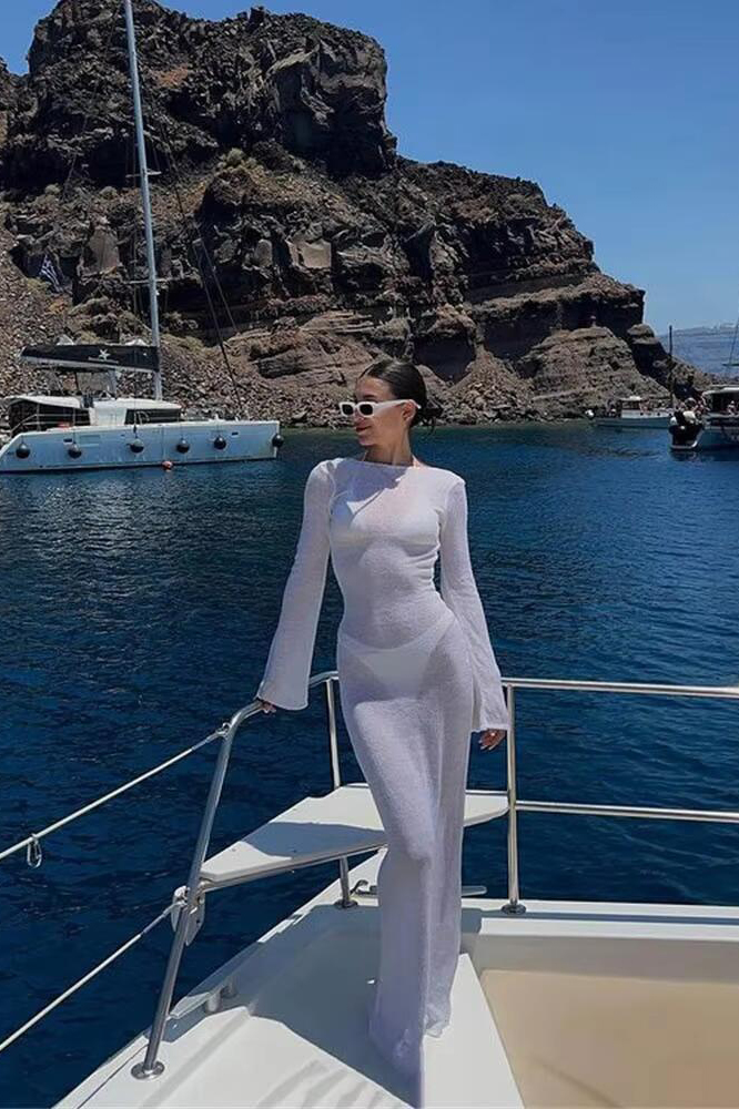 Fashion Women Wrapped Dress Long Sleeve Round Neck See Through Sunscreen Solid Color Backless Beach Long Dress Summer Cover Up