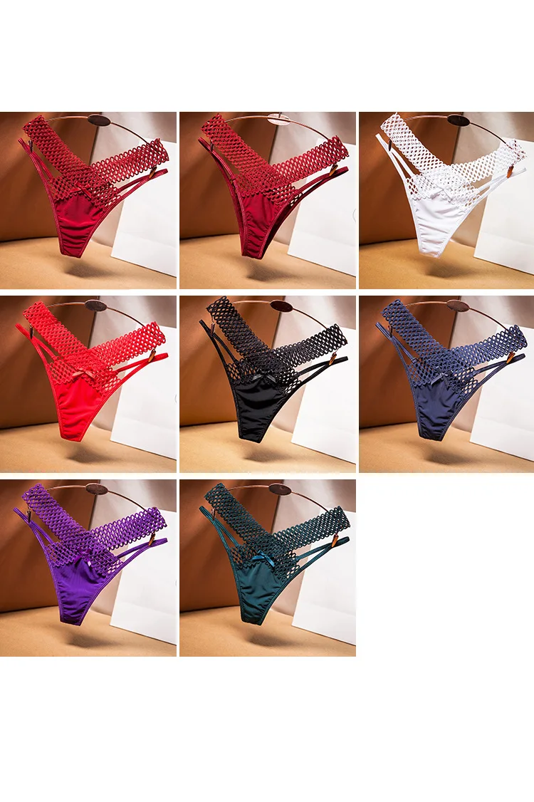 Women's Panties Cross Cut Ice Silk Thong Sports Fashion Perspective Low Waist Ribbons Sexy Lingerie Thongs ﻿