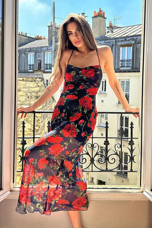 Flowers Print Spaghetti Strap Dresses Women Temperament Package Hip Bodycon Long Dress Fashion Sexy Backless Lady Slim Vestidos