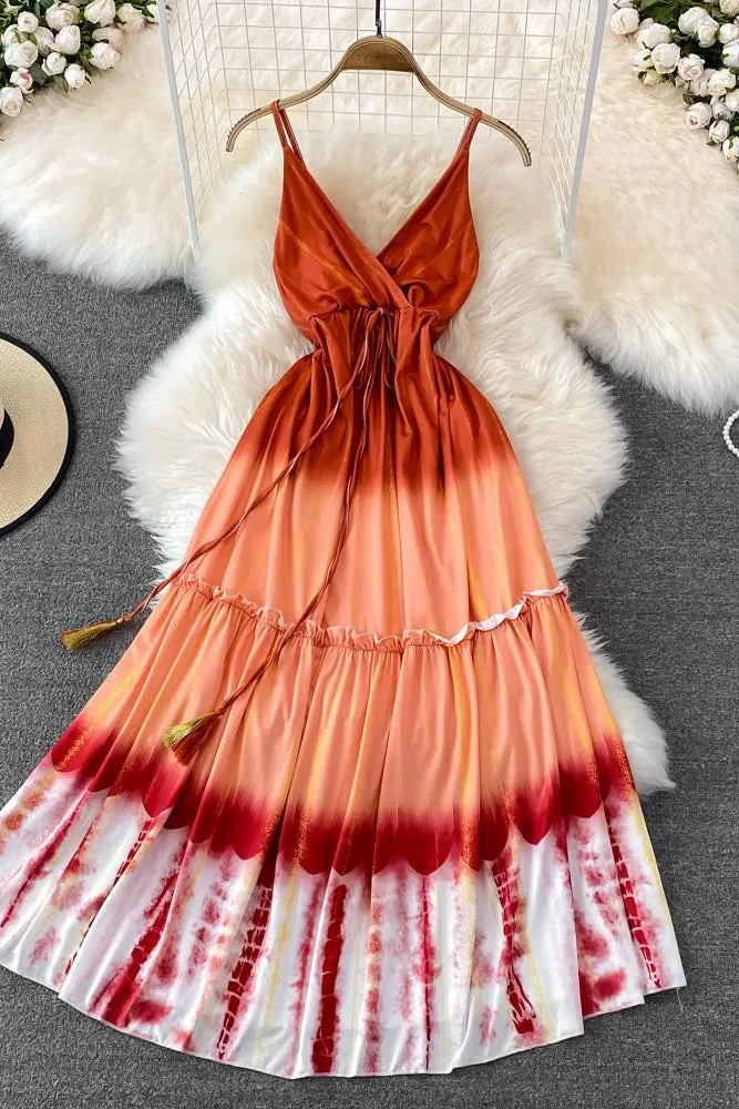 Fashion Tie Dye Print Long Dress Women Elegant High Waist Backless Straps Beach Dress