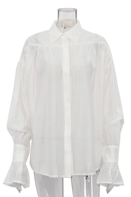 Women's Fashionable Loose Collared Shirt Office Lady Solid Color Versatile Flare sleeve Top Long Sleeved Shirt