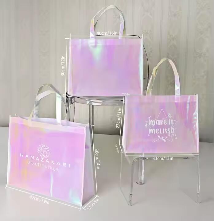 Custom Logo Reusable Pink Holographic Metallic Shiny Laminated Non Woven Iridescent Gift Tote Non-Woven Shopping Bag With Logo