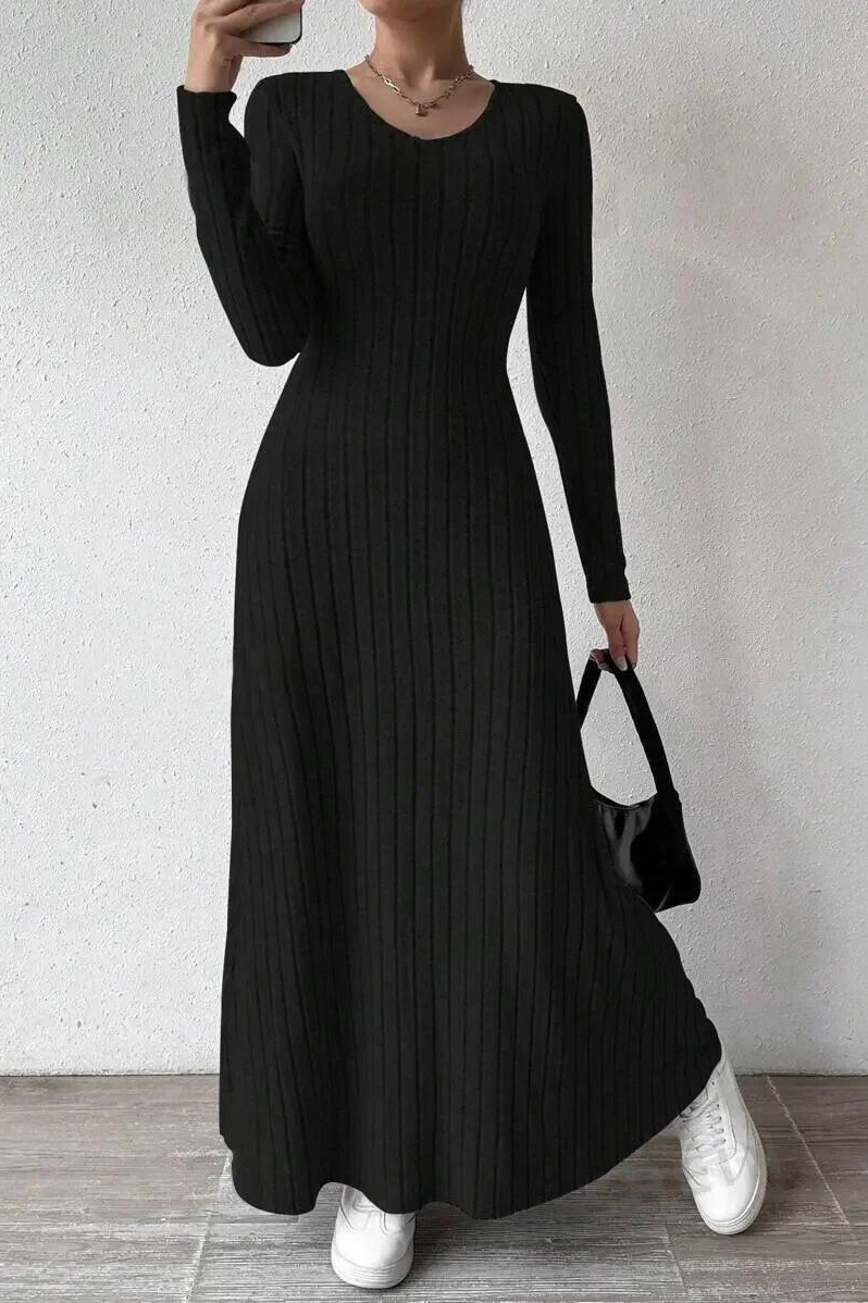 Fashionable Knitted Long Sleeve A- Line Streetwear Dress For Women Smooths And Slims Your Silhouette Solid Color Long Dress