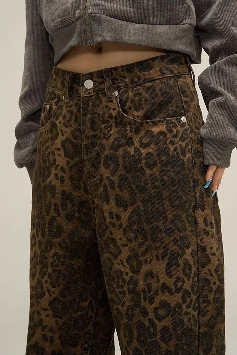 Vintage Leopard Jeans Women Denim Pants Female Oversize Casual Wide Leg Trousers Streetwear Hip Hop Clothes Loose Y2K