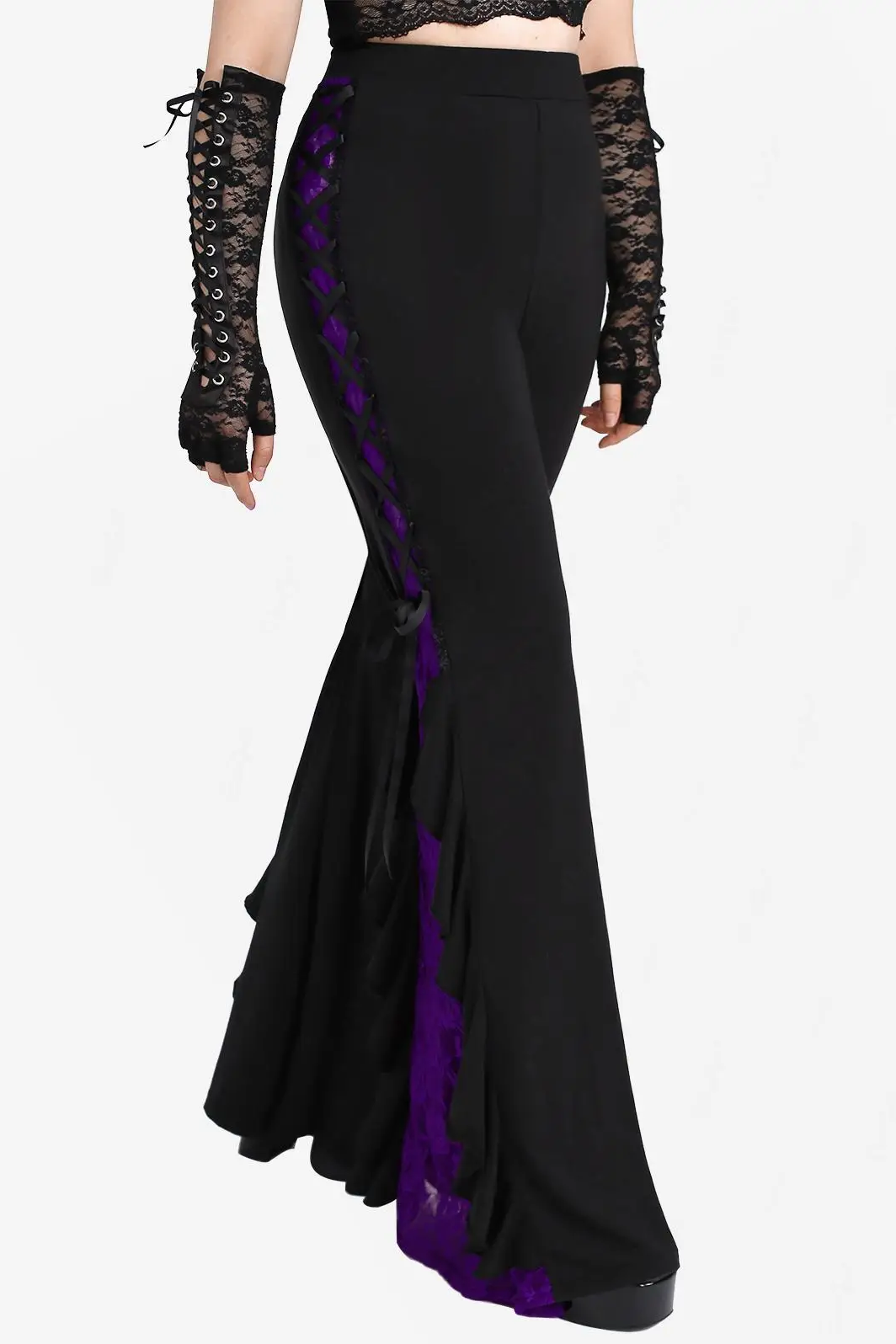 Gothic Lace Panel Lace-up Ruffle Flare Pant Women Streetwear Elastic Waist Pull On Pant Colorblock Bell Bottom