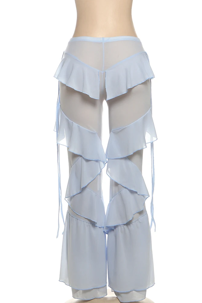 Irregular Tierred Flare Pants Women Y2K Patchwork See Through Summer Hipster Wild Basic Street Trend Classic Trousers