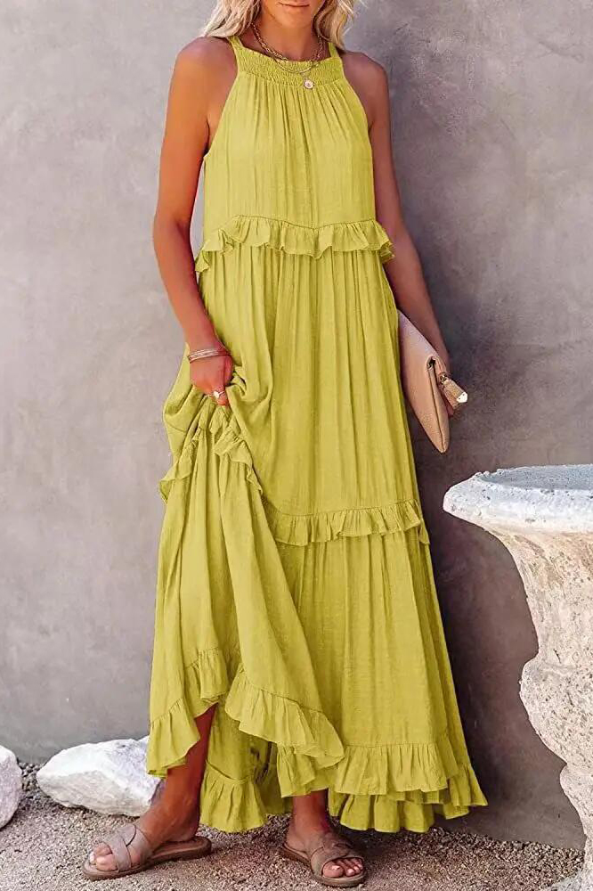 Women Casual Solid Ruffles Long Dress Summer Elegant Sleeveless Sundress Elegant Harajuku Maxi Dress Beach Party Evening Vestido