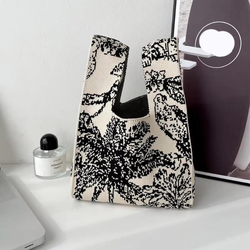 Mini Purse Custom Kids Tote Handbags Polyester Knitted Shoulder Bag Floral Beach Tote Bags for Women