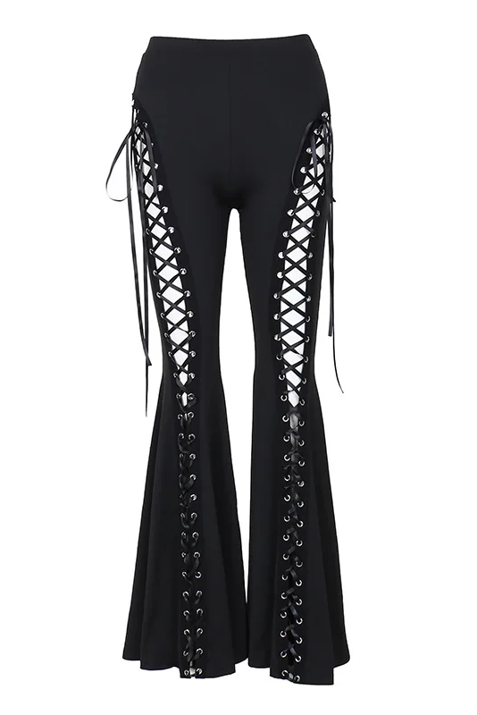 Sexy Punk Flared Pants Long Trouser Women Lace Up Front Hollow Cut Out Bell Bottom Tied Up High Waist Streetwear ﻿