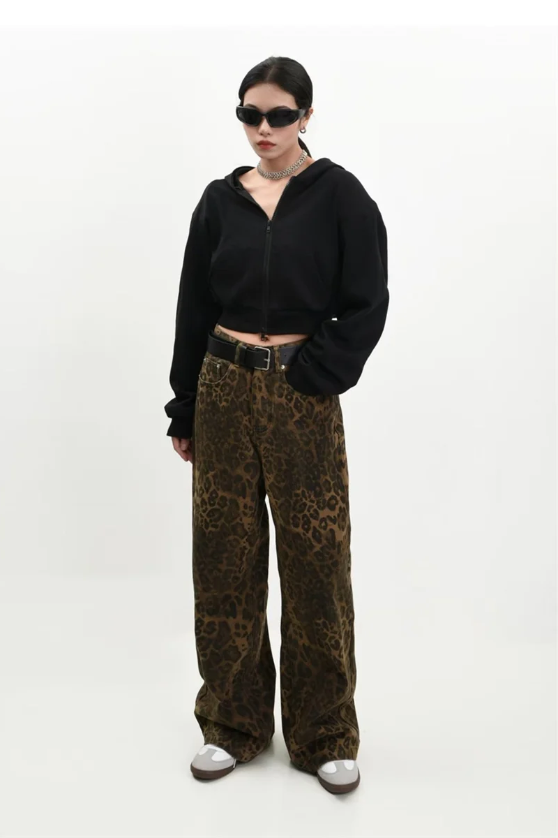 Vintage Leopard Jeans Women Denim Pants Female Oversize Casual Wide Leg Trousers Streetwear Hip Hop Clothes Loose Y2K