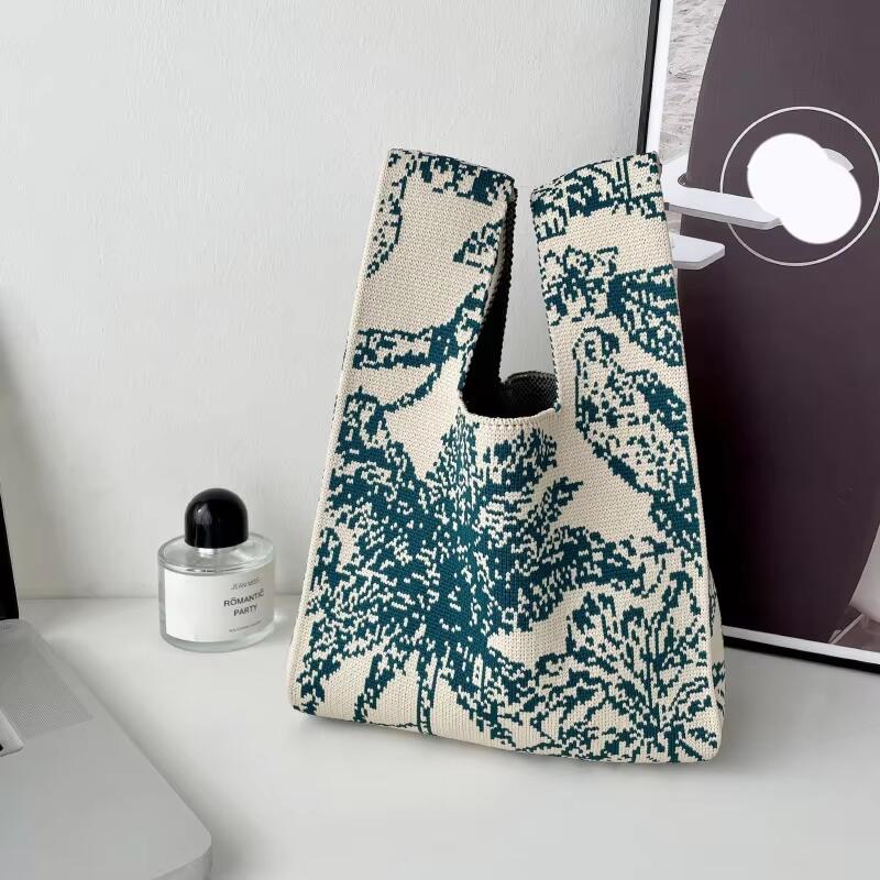 Mini Purse Custom Kids Tote Handbags Polyester Knitted Shoulder Bag Floral Beach Tote Bags for Women