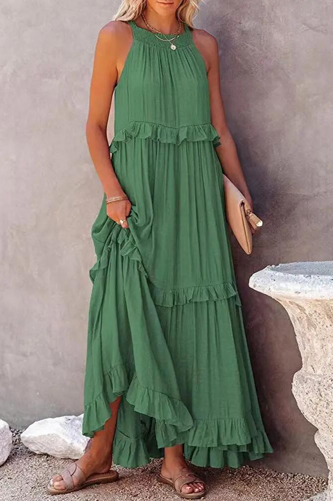 Women Casual Solid Ruffles Long Dress Summer Elegant Sleeveless Sundress Elegant Harajuku Maxi Dress Beach Party Evening Vestido