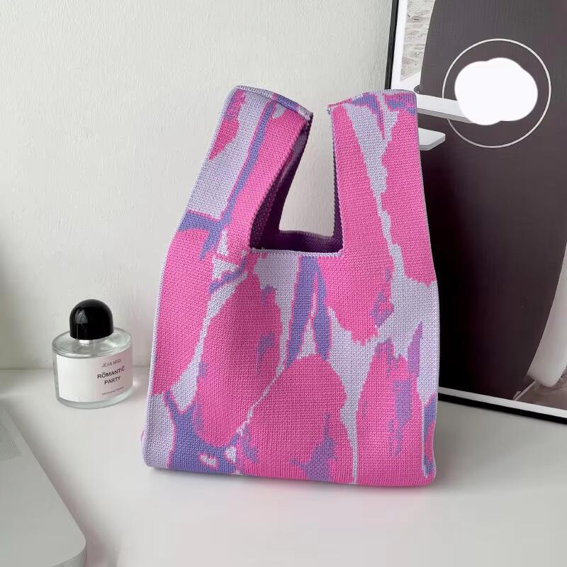 Mini Purse Custom Kids Tote Handbags Polyester Knitted Shoulder Bag Floral Beach Tote Bags for Women