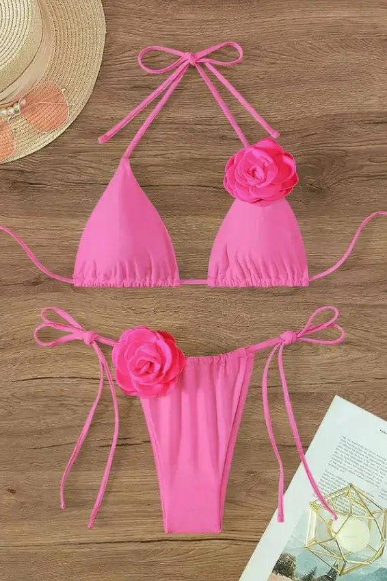 Sexy 3D Flowers Halter Strappy Bikini Women Swimwear Female Swimsuit Two-pieces Bikini Set Bather Bathing Suit Swim