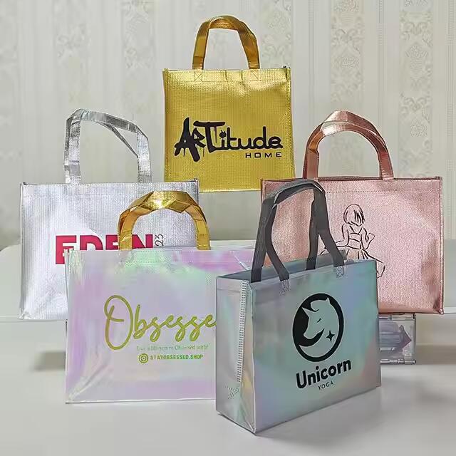 Custom Logo Reusable Pink Holographic Metallic Shiny Laminated Non Woven Iridescent Gift Tote Non-Woven Shopping Bag With Logo