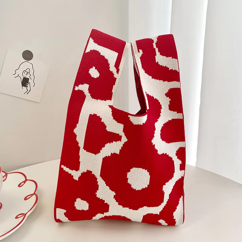 Mini Purse Custom Kids Tote Handbags Polyester Knitted Shoulder Bag Floral Beach Tote Bags for Women