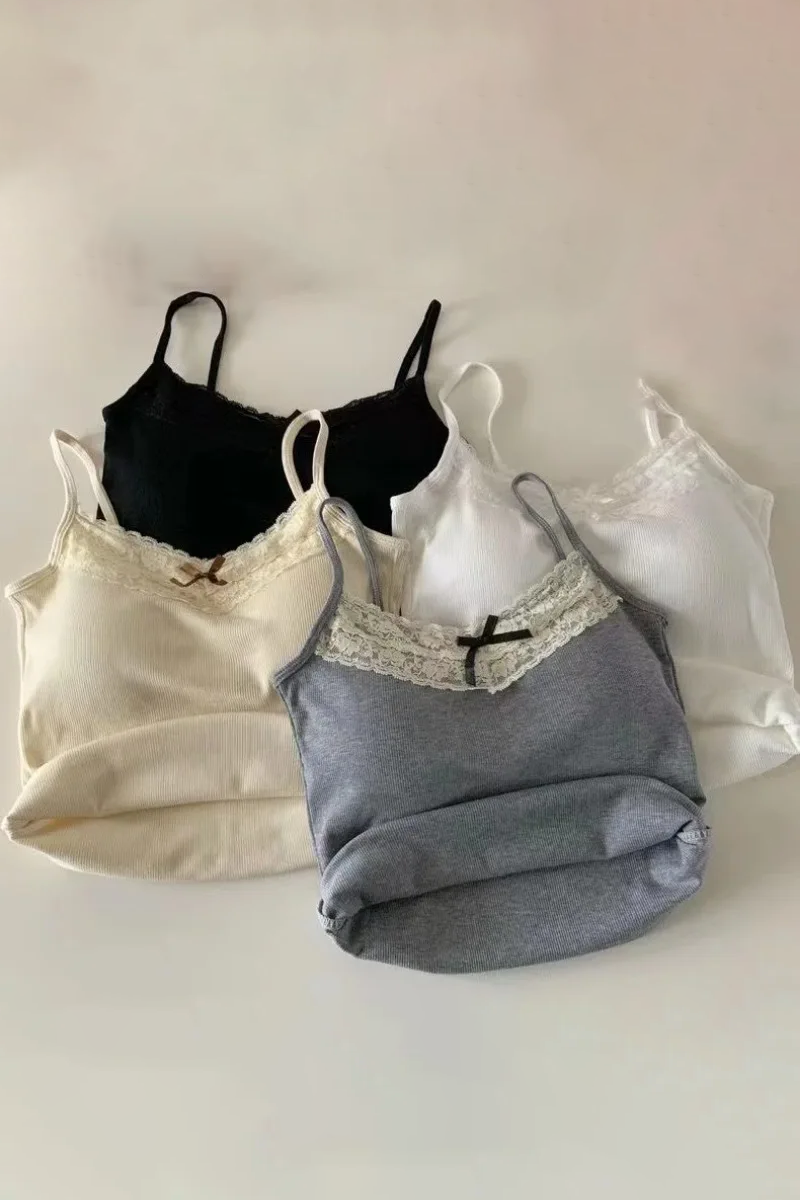 Knitted Crop Top For Women Solid Color Lace Sling Tops Knitwear Tank Top Female Sexy Slim Camisole Sweet Short Beau Back Top