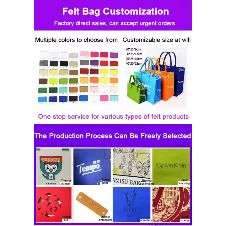 Wholesale Custom Printed Logo Wool Felt Lady Handbags Reusable Women's Shopping Tote Bag