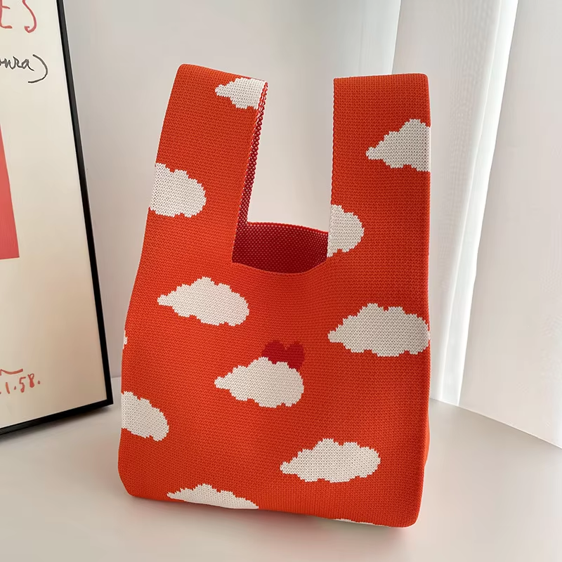 Mini Purse Custom Kids Tote Handbags Polyester Knitted Shoulder Bag Floral Beach Tote Bags for Women