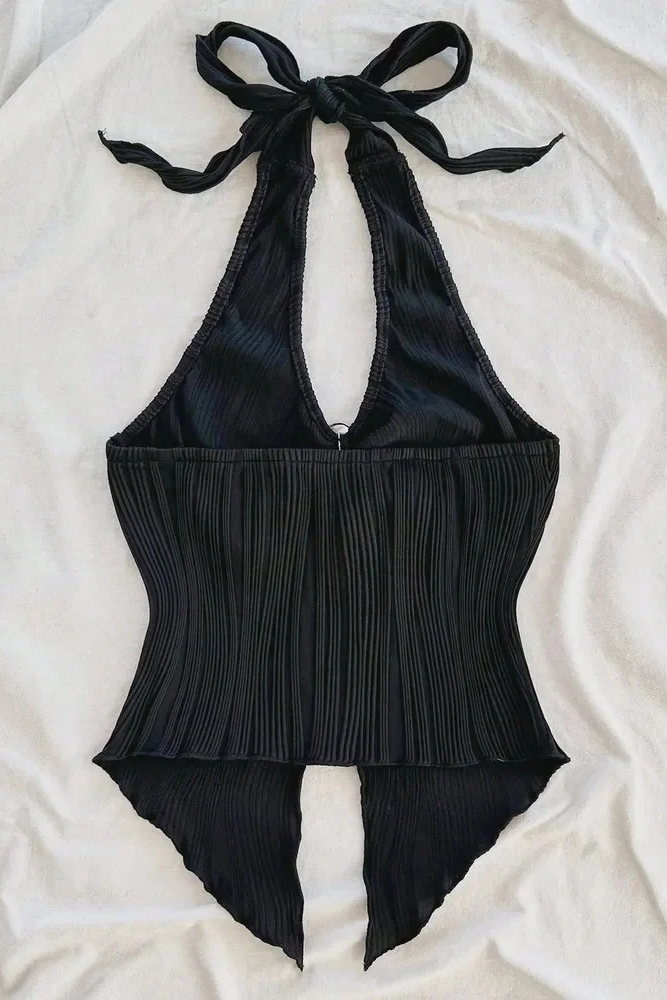 Sexy V-neck Halter Neck Crop Top for Women Sleeveless Solid Split Backless Top Y2K Clothes ﻿