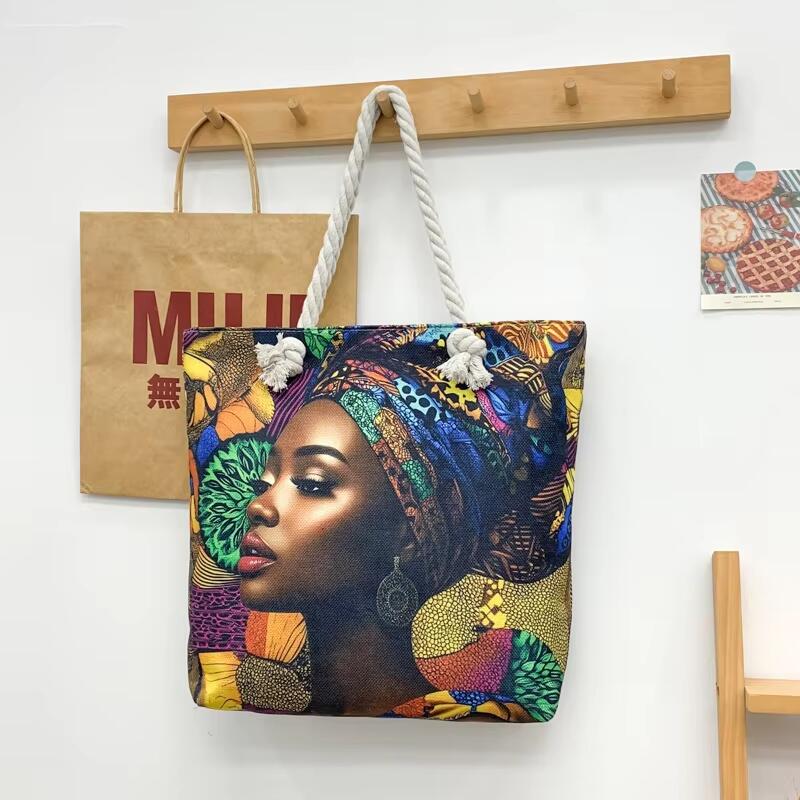 Wholesale Girl Art Print Shoulder Handbags Custom Logo Fun Cartoon Pattern Canvas Tote Bag With Rope Handle