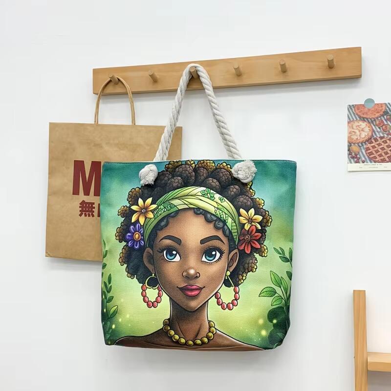 Wholesale Girl Art Print Shoulder Handbags Custom Logo Fun Cartoon Pattern Canvas Tote Bag With Rope Handle