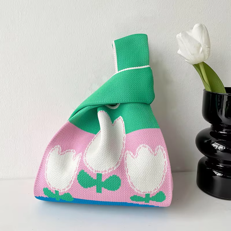 Mini Purse Custom Kids Tote Handbags Polyester Knitted Shoulder Bag Floral Beach Tote Bags for Women