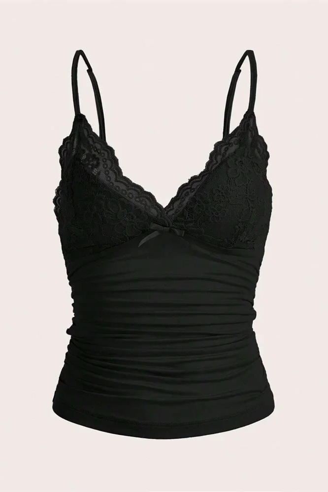 Sexy Contrast Lace Bow Front Crop Cami Top Women Clothes Ruched Skinny Backless Tee Shirt ﻿