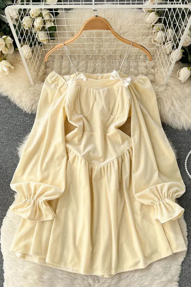 Fashion Women Short Dress Off Shoulders High Waist Puff Sleeve  Dress