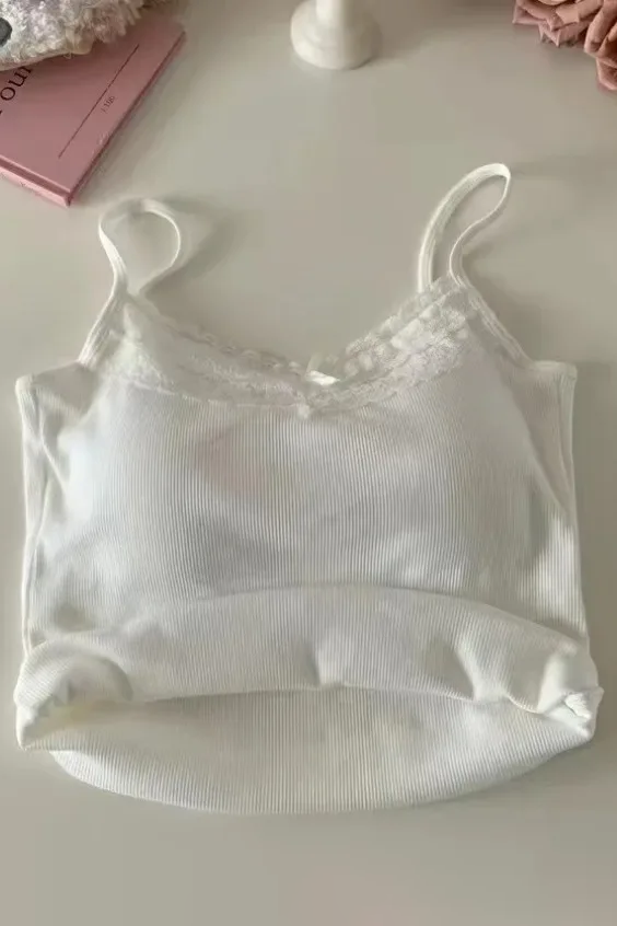 Knitted Crop Top For Women Solid Color Lace Sling Tops Knitwear Tank Top Female Sexy Slim Camisole Sweet Short Beau Back Top