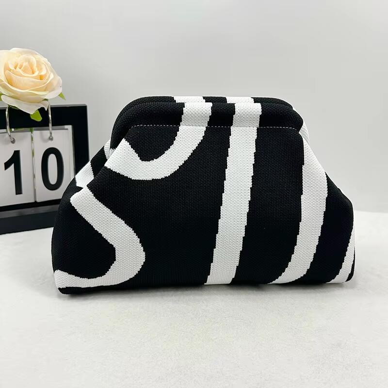 Custom Logo New Women's Striped Knit Handbag For Commuting Chic And Versatile Cloud Design Woven Cosmetic Bag