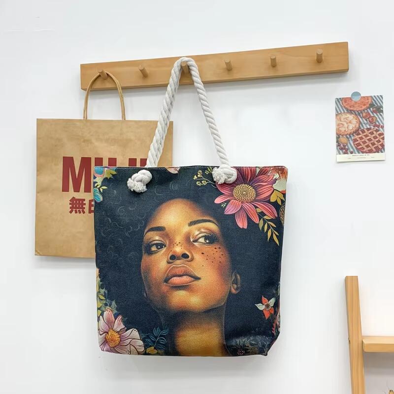 Wholesale Girl Art Print Shoulder Handbags Custom Logo Fun Cartoon Pattern Canvas Tote Bag With Rope Handle