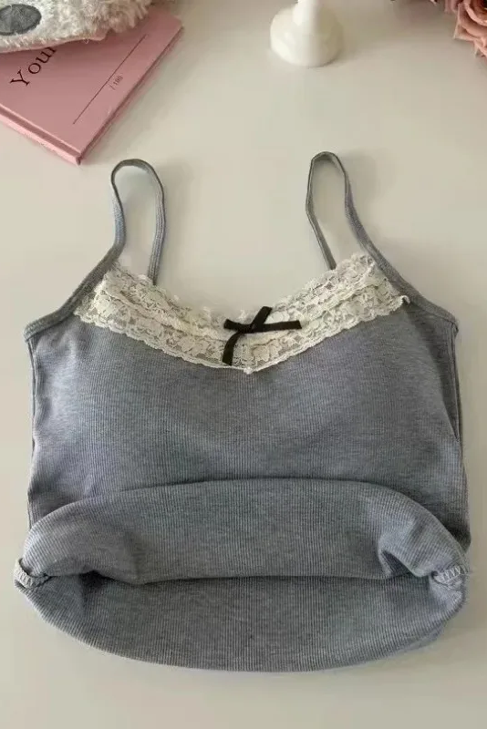 Knitted Crop Top For Women Solid Color Lace Sling Tops Knitwear Tank Top Female Sexy Slim Camisole Sweet Short Beau Back Top