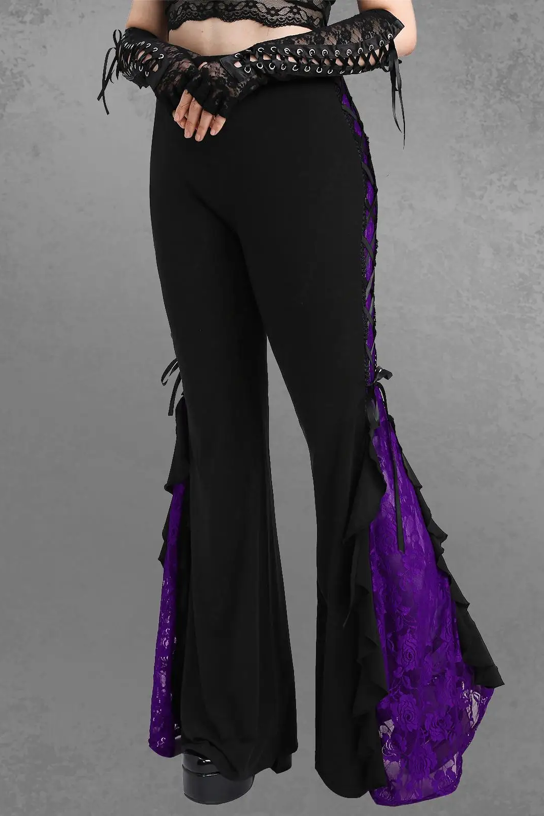 Gothic Lace Panel Lace-up Ruffle Flare Pant Women Streetwear Elastic Waist Pull On Pant Colorblock Bell Bottom