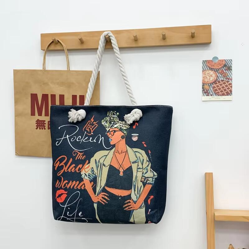 Wholesale Girl Art Print Shoulder Handbags Custom Logo Fun Cartoon Pattern Canvas Tote Bag With Rope Handle