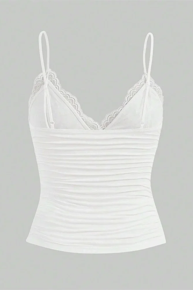 Sexy Contrast Lace Bow Front Crop Cami Top Women Clothes Ruched Skinny Backless Tee Shirt ﻿