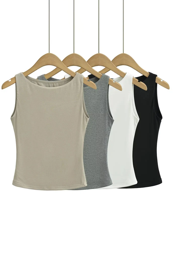 Women Double Layer Boat Neck Soft Slinky Tank Top