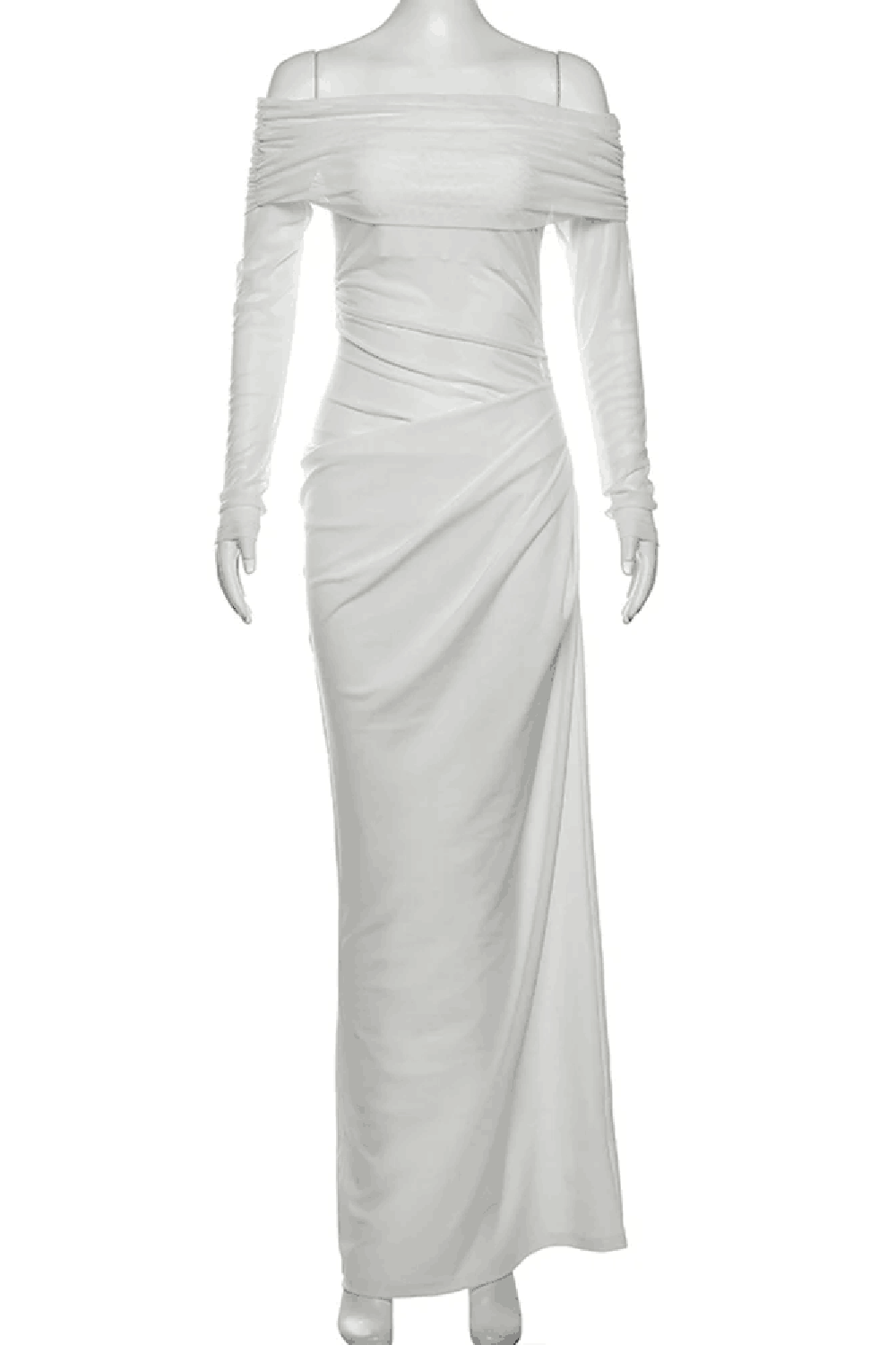 Cutenew Mesh Ruched Women Maxi Dress Sexy See Through Off Shoulder Long Sleeve Sheath Vestidos Female Midnight Party Solid Robe