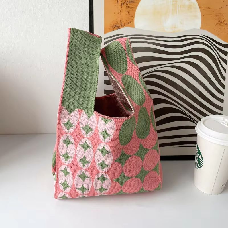 Mini Purse Custom Kids Tote Handbags Polyester Knitted Shoulder Bag Floral Beach Tote Bags for Women