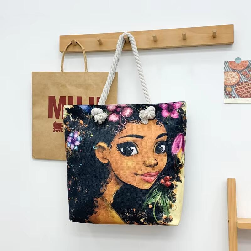 Wholesale Girl Art Print Shoulder Handbags Custom Logo Fun Cartoon Pattern Canvas Tote Bag With Rope Handle