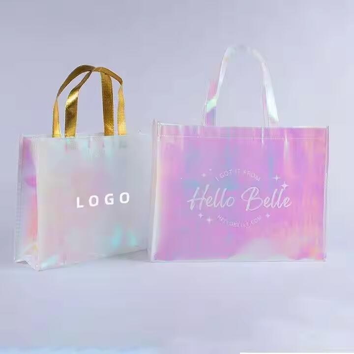 Custom Logo Reusable Pink Holographic Metallic Shiny Laminated Non Woven Iridescent Gift Tote Non-Woven Shopping Bag With Logo