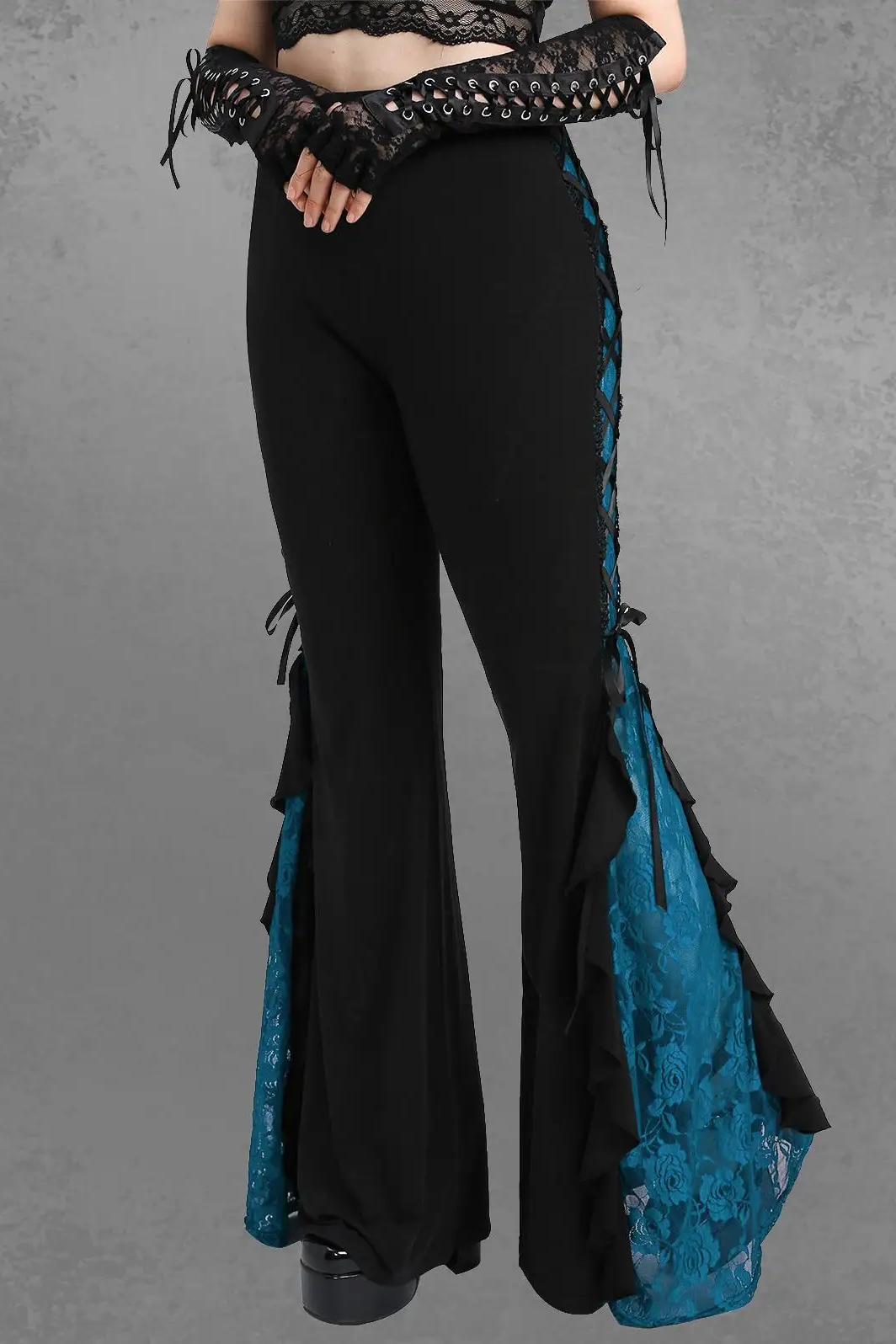 Gothic Lace Panel Lace-up Ruffle Flare Pant Women Streetwear Elastic Waist Pull On Pant Colorblock Bell Bottom