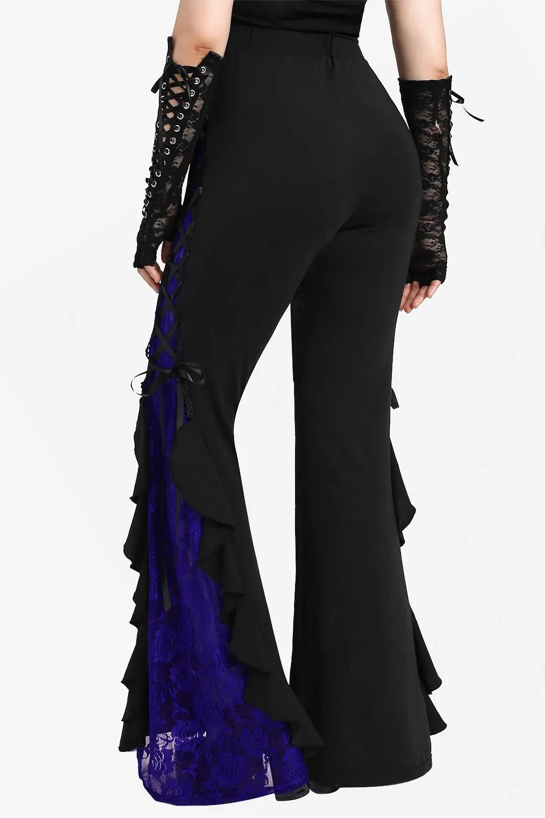 Gothic Lace Panel Lace-up Ruffle Flare Pant Women Streetwear Elastic Waist Pull On Pant Colorblock Bell Bottom